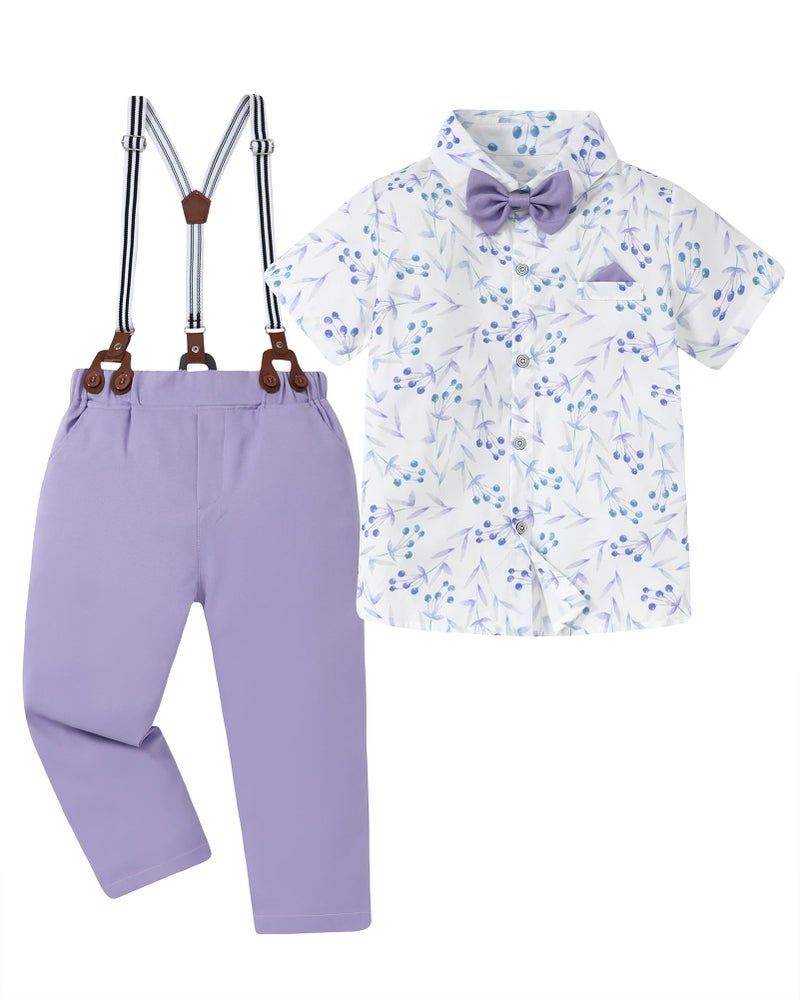 DISAUR Boys Wedding Outfit Spring Lavender Short Sleeve Shirt Lilac Purple Suspender Pants Valentines Easter Boy Formal Suit Set 5-6 Years - Image 1