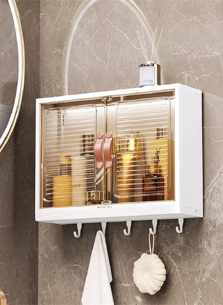 Bathroom Storage Rack,Large Capacity No Drilling Bathroom Storage Shelf Wall-Mounted Bathroom Organizer Rack Dust and Moisture Proof Shelf For Cosmetics Including Hooks For Hanging  - Image 1