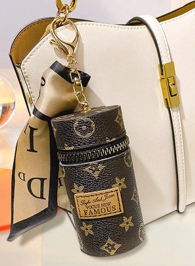 Silk Scarf Leather Cosmetic Bag Organizer, Portable Travel Lipstick Bag with Keychain, Makeup Storage Bag Holder for Purse Perfume Fingernail Polish (Brown) - Image 2