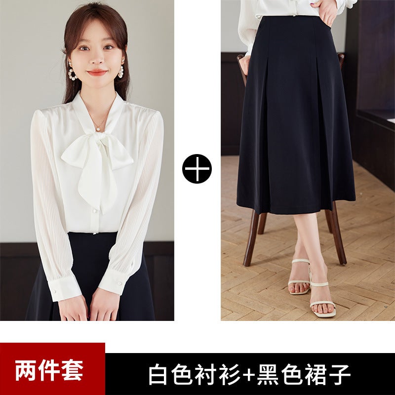 Bow professional white shirt womens 2024 spring new style floating long sleeve loose western style chiffon top White shirt black skirt