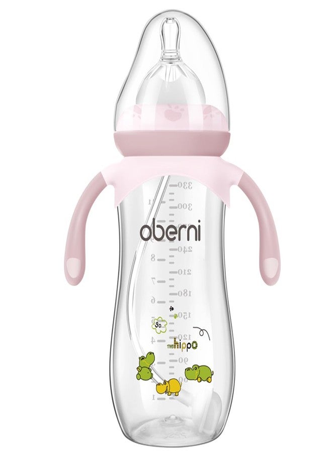Oberni Toddler Milk Bottle 330ml/11oz, Anti-Colic Baby Bottle with Fast Variable Flow Nipple for 12 Months, Weigthed Straw, Non-Slip Handle, Pink/1Pack - Image 1