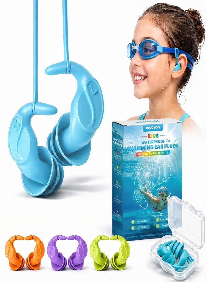 QQJOYCCI Kids Swim Ear Plugs - 4 Pairs Waterproof Silicone Earplugs for Children 5-14 Years with Detachable Cord, 2 Wearing Styles, Attaches to Goggles, Reusable Ear Protection for Pool, Swimming Lessons - Image 1