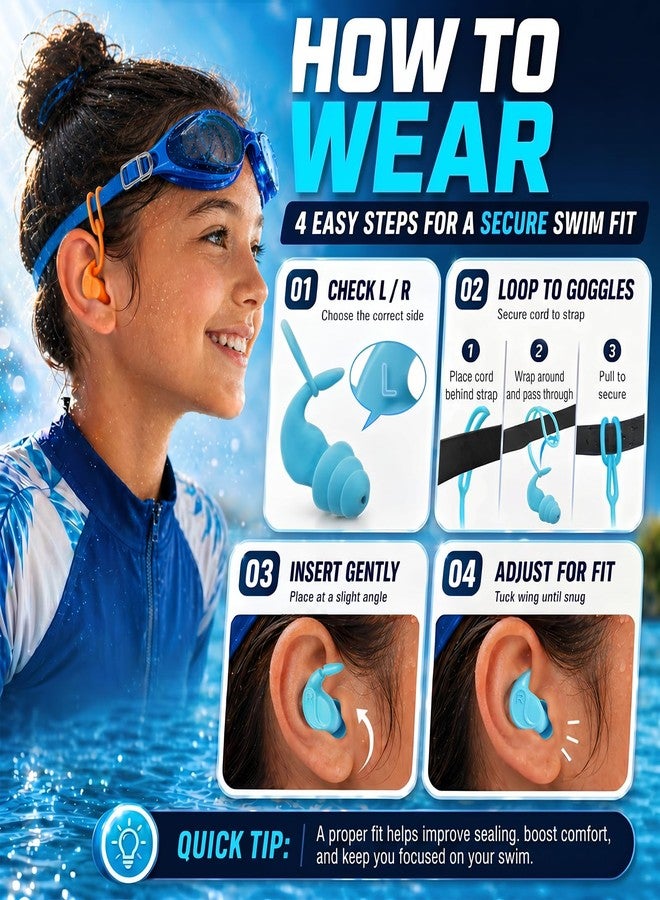 QQJOYCCI Kids Swim Ear Plugs - 4 Pairs Waterproof Silicone Earplugs for Children 5-14 Years with Detachable Cord, 2 Wearing Styles, Attaches to Goggles, Reusable Ear Protection for Pool, Swimming Lessons - Image 3