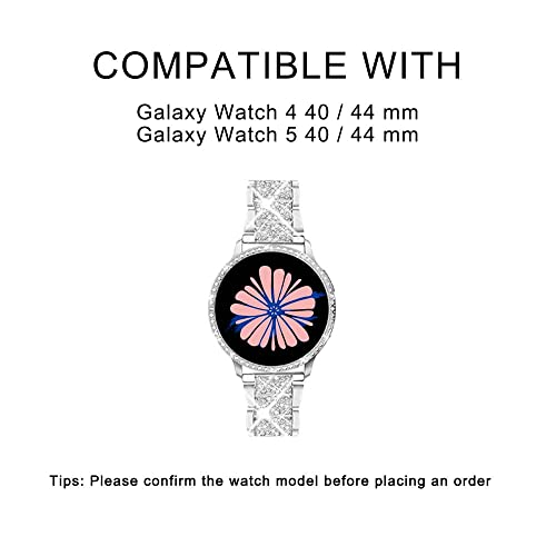 Mosonio Compatible with Samsung Galaxy Watch FE 2024 40mm/ Galaxy Watch 5 Band / Samsung Galaxy Watch 4 Band , 20 mm Silver Bling Galaxy Watch Band with 40 mm Cover Case, Jewelry Metal Wristband for Women（Silver,40 mm） - Image 2