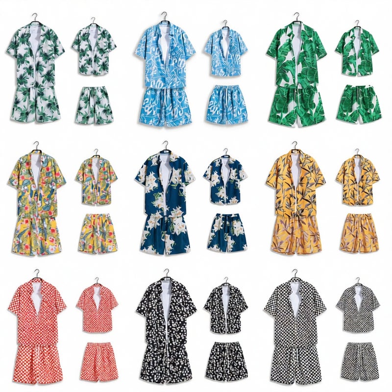 Mens Summer Short Sleeve Floral Shirt Set with Loose Fit Beach Shorts - Image 1