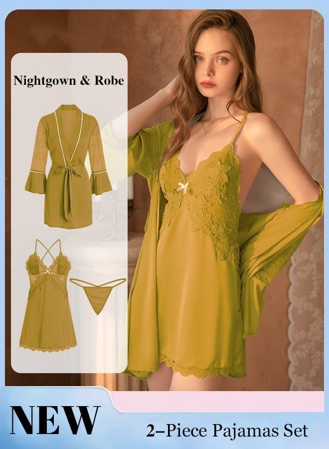 2-Piece Set of Women Pajamas with V-Neck Design Women Home Wear Set Same Color Outer Robe and Lace Element Nightgown - Image 1