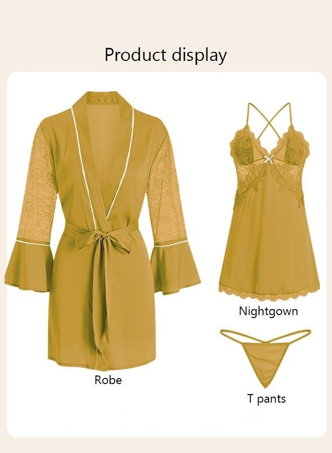2-Piece Set of Women Pajamas with V-Neck Design Women Home Wear Set Same Color Outer Robe and Lace Element Nightgown - Image 2