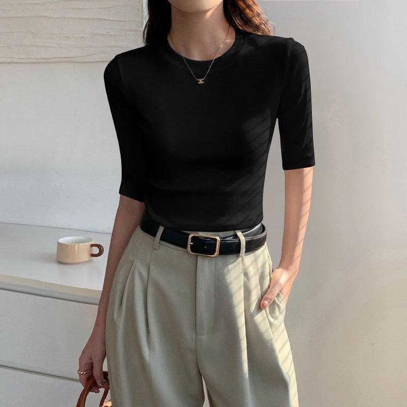 Pure white mid-sleeved T-shirt, women's summer, spring, autumn, 2025 new model, shoulder, 57-minute sleeves, inner half-sleeved top - Image 1