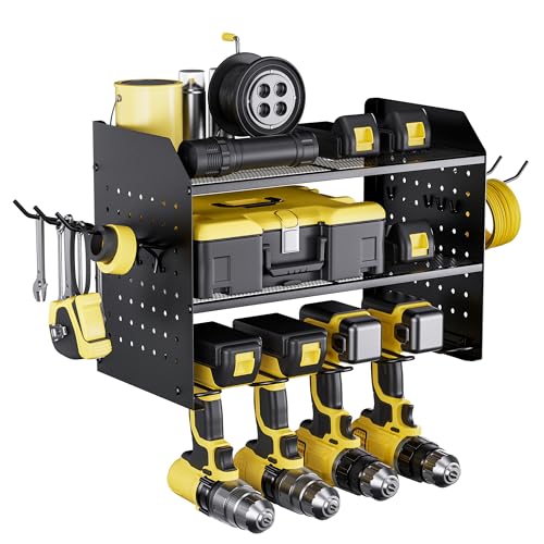 TRZZ Power Tool Organizer Wall Mount, 3-Layer Drill Holder with 2 Side Pegboards, Cordless Drill Rack with 4 Hooks, Efficient Storage for Workshop, Garage, and Tool Room (Black) - Image 1