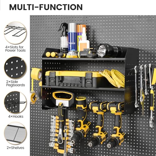 TRZZ Power Tool Organizer Wall Mount, 3-Layer Drill Holder with 2 Side Pegboards, Cordless Drill Rack with 4 Hooks, Efficient Storage for Workshop, Garage, and Tool Room (Black) - Image 2