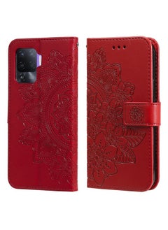 HuHa Case Cover For OPPO A94 4G / F19 Pro / Reno5 F / Reno5 Lite 7-petal Flowers Embossing Pattern Horizontal Flip PU Leather Case with Holder & Card Slots & Wallet & Photo Frame Red 