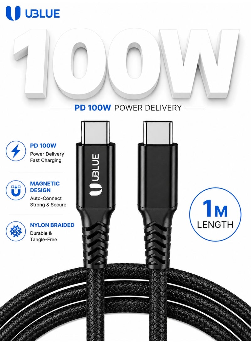 يوبلو كابل يو بي إل يو المغناطيسي من نوع USB-C إلى USB-C، شحن سريع بقوة 100 واط كحد أقصى، نقل بيانات بسرعة 480 ميجابت في الثانية، كابل مضفر من النايلون، طوله 1 متر، أسود، متوافق مع أجهزة آيفون 15/16/17 برو ماكس، آيباد ميني 7، ماك بوك برو، آيباد، سامسونج S25 ألترا/S24/23 - Image 1