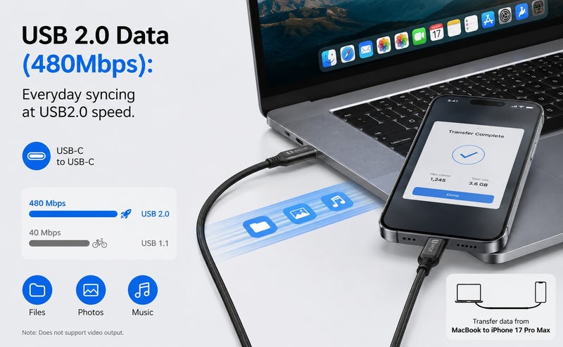 يوبلو كابل يو بي إل يو المغناطيسي من نوع USB-C إلى USB-C، شحن سريع بقوة 100 واط كحد أقصى، نقل بيانات بسرعة 480 ميجابت في الثانية، كابل مضفر من النايلون، طوله 1 متر، أسود، متوافق مع أجهزة آيفون 15/16/17 برو ماكس، آيباد ميني 7، ماك بوك برو، آيباد، سامسونج S25 ألترا/S24/23 - Image 3