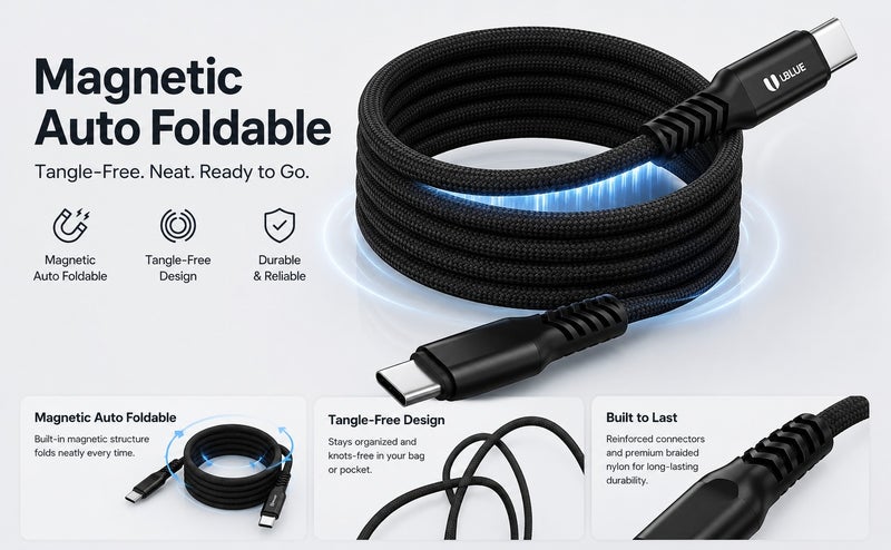 يوبلو كابل يو بي إل يو المغناطيسي من نوع USB-C إلى USB-C، شحن سريع بقوة 100 واط كحد أقصى، نقل بيانات بسرعة 480 ميجابت في الثانية، كابل مضفر من النايلون، طوله 1 متر، أسود، متوافق مع أجهزة آيفون 15/16/17 برو ماكس، آيباد ميني 7، ماك بوك برو، آيباد، سامسونج S25 ألترا/S24/23 - Image 5