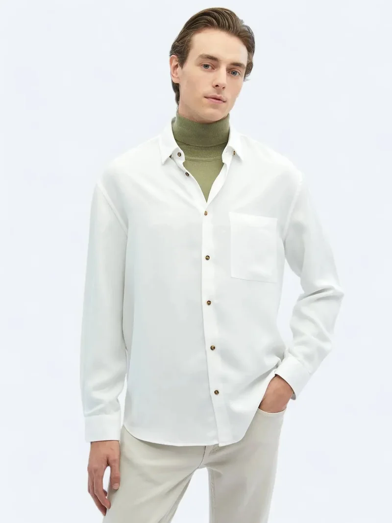 Kip White Ribbed Oversize Fit Weaving Casual Shirt