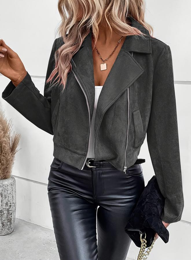 Take Two Grey Cropped Suede Look Jacket - Image 1