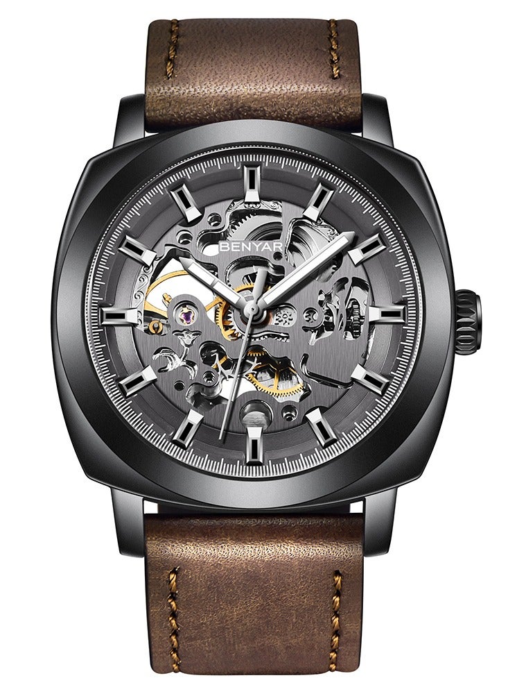 بينيار بنيار ساعة الرجال أوتوماتيكية ميكانيكية ساعات الرجال الحركة الذهبية 45 مم الهيكل العظمي رقم الماء والخدش مقاومة الجلد حزام هدية أنيقة للرجال - Image 1