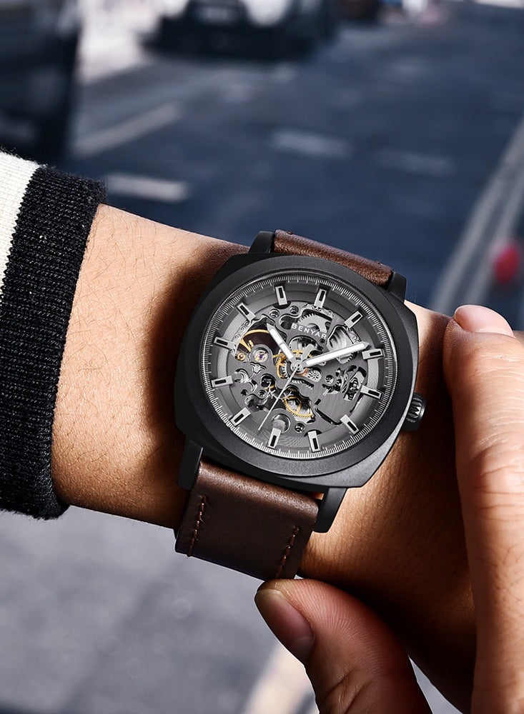 بينيار بنيار ساعة الرجال أوتوماتيكية ميكانيكية ساعات الرجال الحركة الذهبية 45 مم الهيكل العظمي رقم الماء والخدش مقاومة الجلد حزام هدية أنيقة للرجال - Image 2