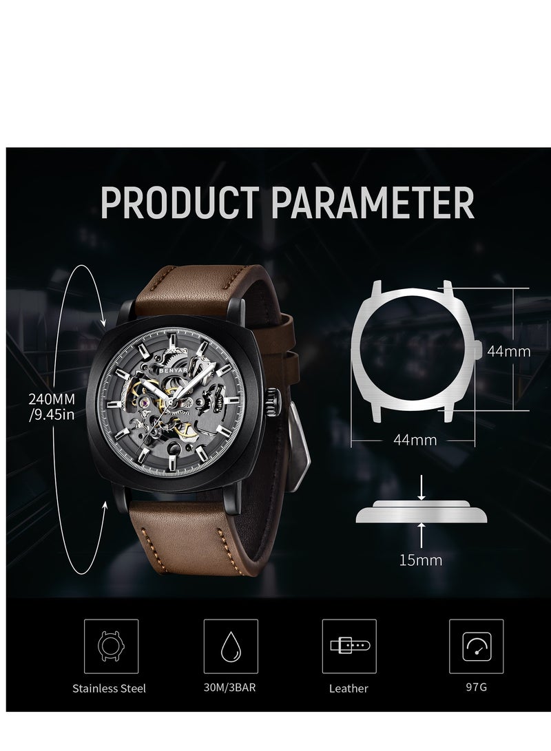 بينيار بنيار ساعة الرجال أوتوماتيكية ميكانيكية ساعات الرجال الحركة الذهبية 45 مم الهيكل العظمي رقم الماء والخدش مقاومة الجلد حزام هدية أنيقة للرجال - Image 5