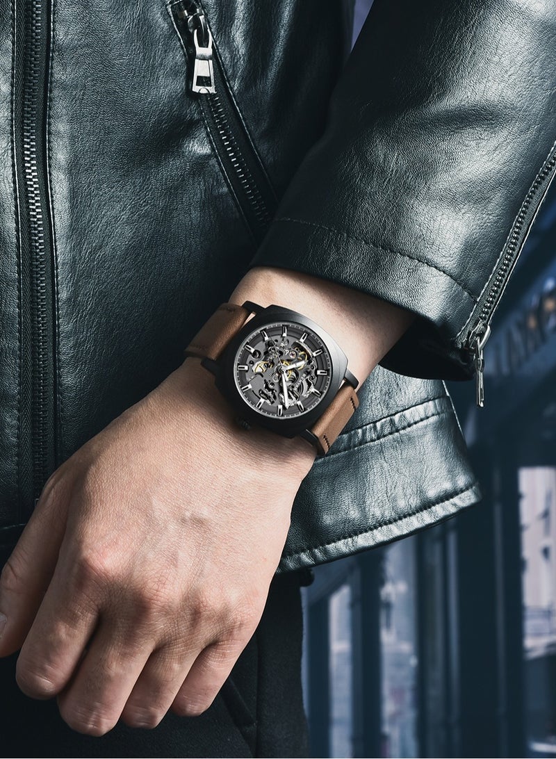 بينيار بنيار ساعة الرجال أوتوماتيكية ميكانيكية ساعات الرجال الحركة الذهبية 45 مم الهيكل العظمي رقم الماء والخدش مقاومة الجلد حزام هدية أنيقة للرجال - Image 3