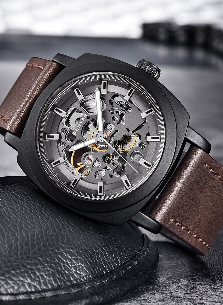 بينيار بنيار ساعة الرجال أوتوماتيكية ميكانيكية ساعات الرجال الحركة الذهبية 45 مم الهيكل العظمي رقم الماء والخدش مقاومة الجلد حزام هدية أنيقة للرجال - Image 4