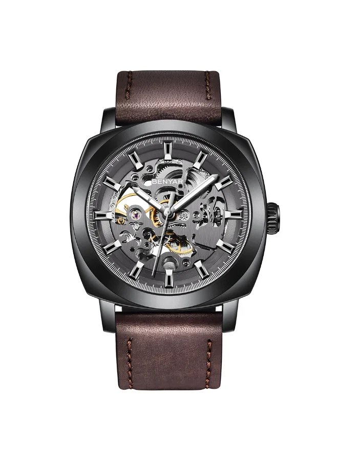 بينيار بنيار ساعة الرجال أوتوماتيكية ميكانيكية ساعات الرجال الحركة الذهبية 45 مم الهيكل العظمي رقم الماء والخدش مقاومة الجلد حزام هدية أنيقة للرجال