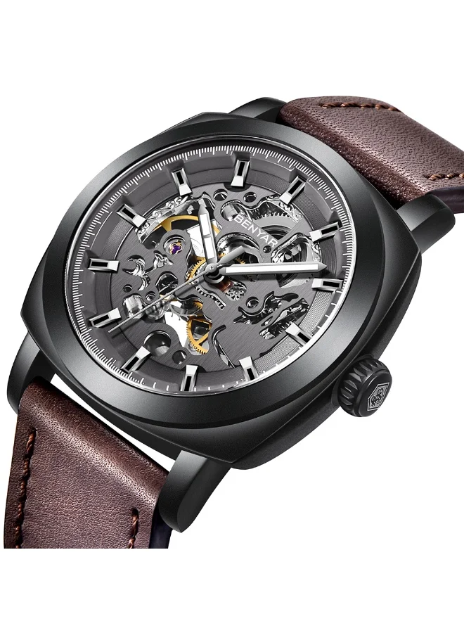 بينيار بنيار ساعة الرجال أوتوماتيكية ميكانيكية ساعات الرجال الحركة الذهبية 45 مم الهيكل العظمي رقم الماء والخدش مقاومة الجلد حزام هدية أنيقة للرجال