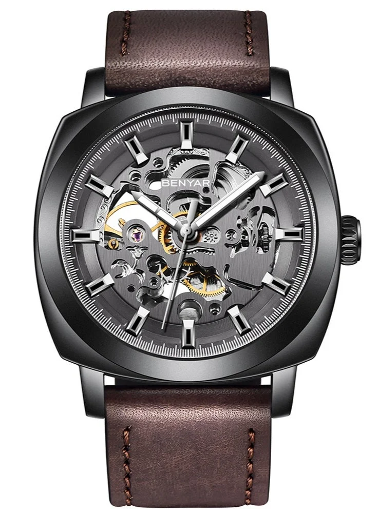 BENYAR Benyar Watch Men Automatic Mechanical Men's Watches Golden Movement 45 mm Skeleton Dial Water and Scratch Resistant Leather Strap Elegant Gift for Men