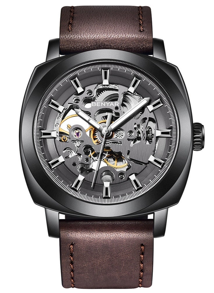 Benyar Watch Men Automatic Mechanical Men's Watches Golden Movement 45 mm Skeleton Dial Water and Scratch Resistant Leather Strap Elegant Gift for Men - Image 1