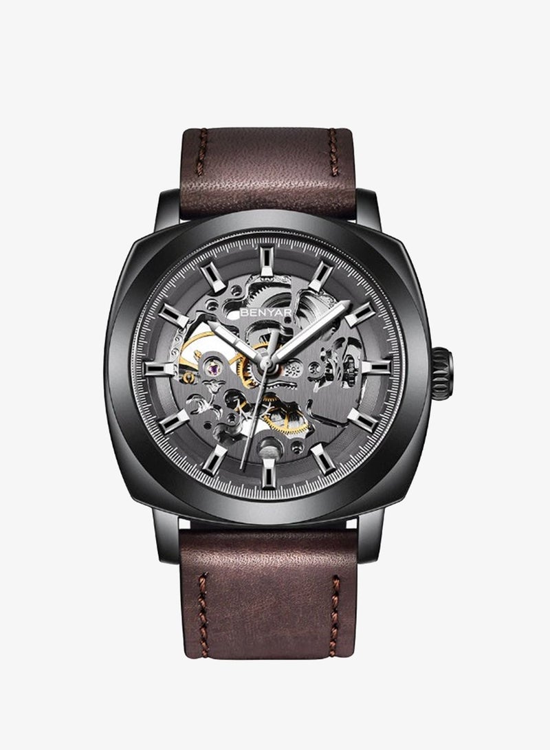 Benyar Watch Men Automatic Mechanical Men's Watches Golden Movement 45 mm Skeleton Dial Water and Scratch Resistant Leather Strap Elegant Gift for Men - Image 2