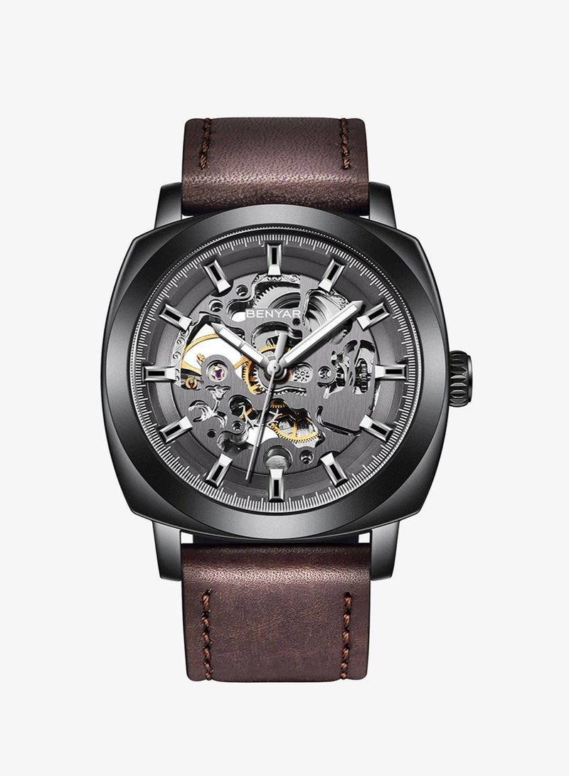 Benyar Watch Men Automatic Mechanical Men's Watches Golden Movement 45 mm Skeleton Dial Water and Scratch Resistant Leather Strap Elegant Gift for Men - Image 1