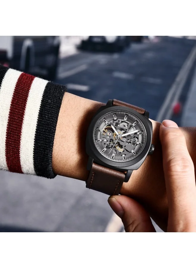 Benyar 5121 dark brown Benyar Watch Men Automatic Mechanical Men's Watches Golden Movement 45 mm Skeleton Dial Water and Scratch Resistant Leather Strap Elegant Gift for Men  | Best Price UAE
