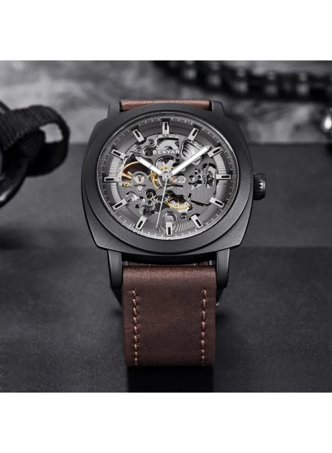 Benyar 5121 dark brown Benyar Watch Men Automatic Mechanical Men's Watches Golden Movement 45 mm Skeleton Dial Water and Scratch Resistant Leather Strap Elegant Gift for Men  | Best Price UAE