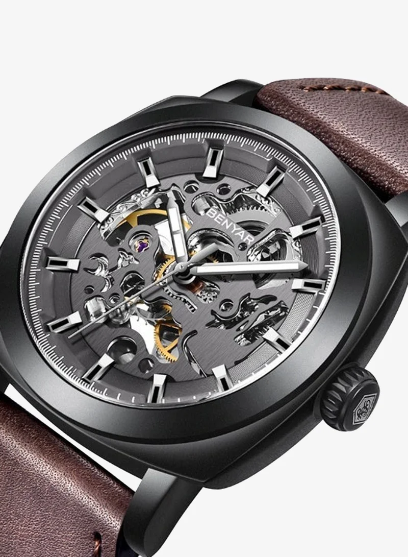 Benyar 5121 dark brown Benyar Watch Men Automatic Mechanical Men's Watches Golden Movement 45 mm Skeleton Dial Water and Scratch Resistant Leather Strap Elegant Gift for Men  | Best Price UAE