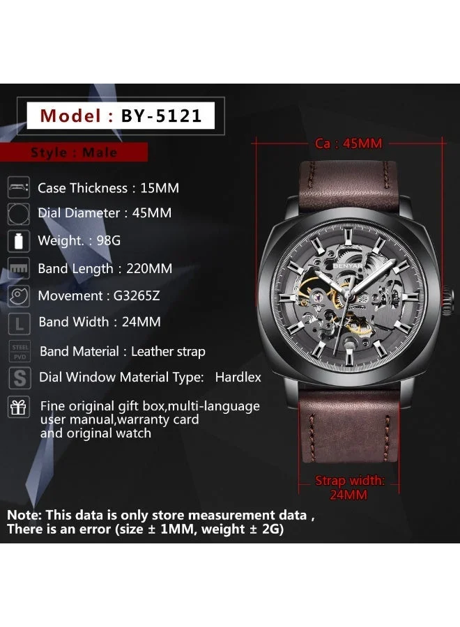 Benyar 5121 dark brown Benyar Watch Men Automatic Mechanical Men's Watches Golden Movement 45 mm Skeleton Dial Water and Scratch Resistant Leather Strap Elegant Gift for Men  | Best Price UAE