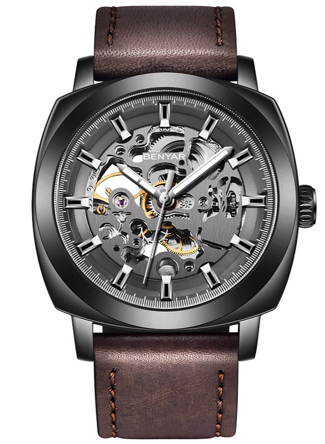 Benyar Watch Men Automatic Mechanical Men's Watches Golden Movement 45 mm Skeleton Dial Water and Scratch Resistant Leather Strap Elegant Gift for Men