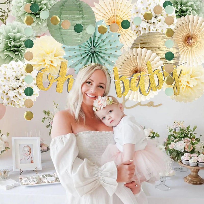 FETETIJD Sage Green Baby Shower Decorations Oh Baby Banner Tissue Paper Pom Poms Flowers Paper Fans Circle Dot Garland Neutral Party Supplies Boy Girl Gender Reveal Birthday Party Decorations - Image 2