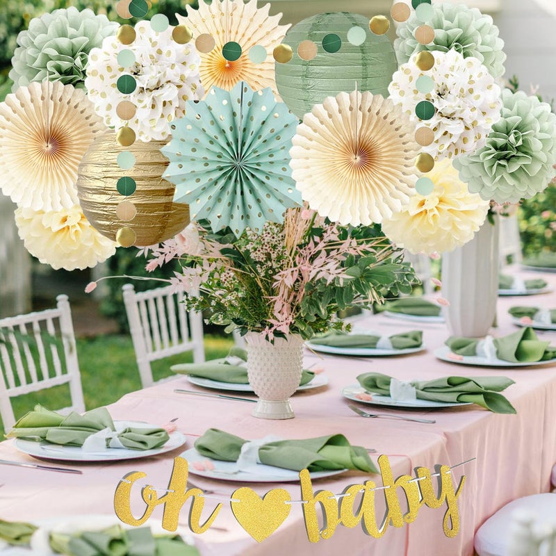 FETETIJD Sage Green Baby Shower Decorations Oh Baby Banner Tissue Paper Pom Poms Flowers Paper Fans Circle Dot Garland Neutral Party Supplies Boy Girl Gender Reveal Birthday Party Decorations - Image 5