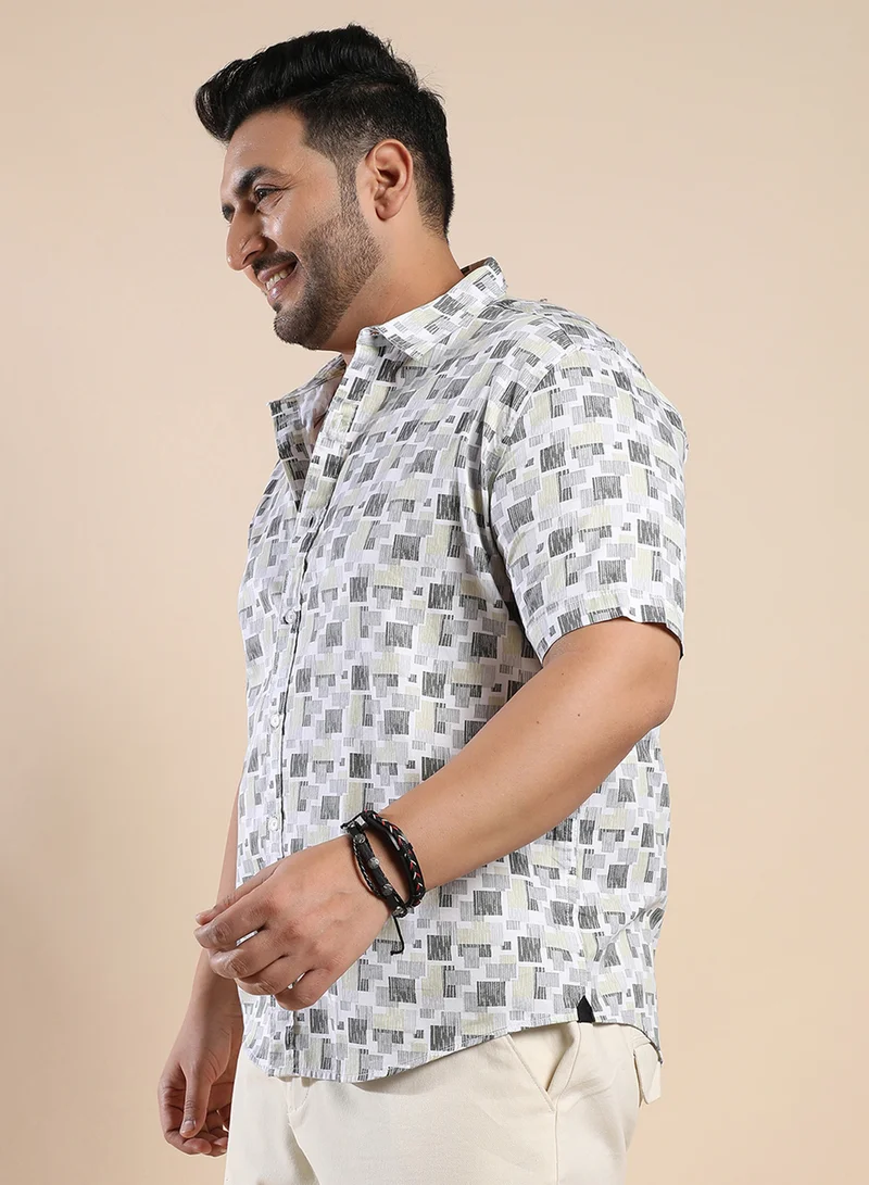 Instafab Plus Instafab Plus Men's Beige & Grey Abstract Geometric Shirt For Casual Wear | Spread Collar | Short Sleeve | Button Closure | Cotton Shirt Crafted With Comfort Fit For Everyday Wear