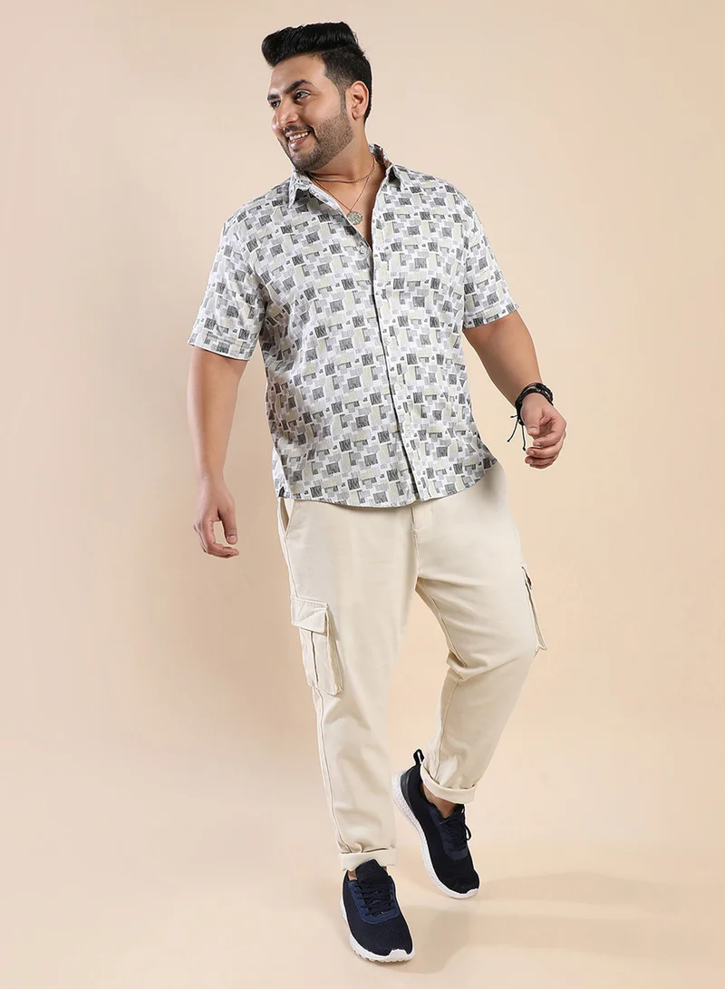Instafab Plus Instafab Plus Men's Beige & Grey Abstract Geometric Shirt For Casual Wear | Spread Collar | Short Sleeve | Button Closure | Cotton Shirt Crafted With Comfort Fit For Everyday Wear