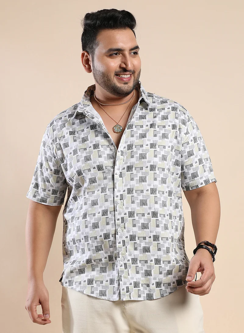 انستافاب بلس Instafab Plus Men's Beige & Grey Abstract Geometric Shirt For Casual Wear | Spread Collar | Short Sleeve | Button Closure | Cotton Shirt Crafted With Comfort Fit For Everyday Wear