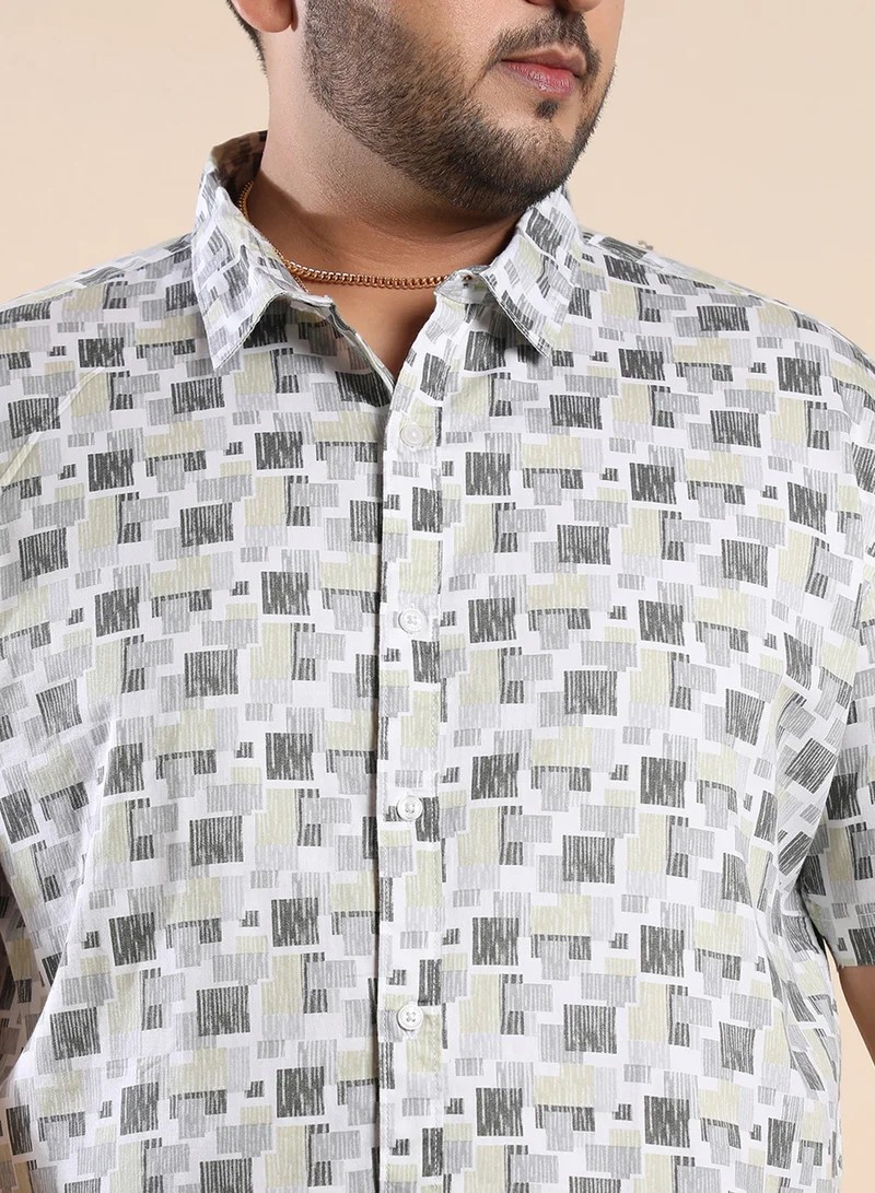 Instafab Plus Instafab Plus Men's Beige & Grey Abstract Geometric Shirt For Casual Wear | Spread Collar | Short Sleeve | Button Closure | Cotton Shirt Crafted With Comfort Fit For Everyday Wear