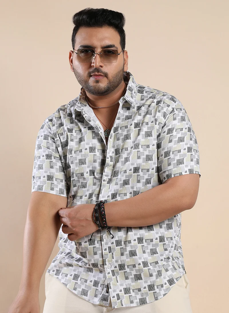 انستافاب بلس Instafab Plus Men's Beige & Grey Abstract Geometric Shirt For Casual Wear | Spread Collar | Short Sleeve | Button Closure | Cotton Shirt Crafted With Comfort Fit For Everyday Wear