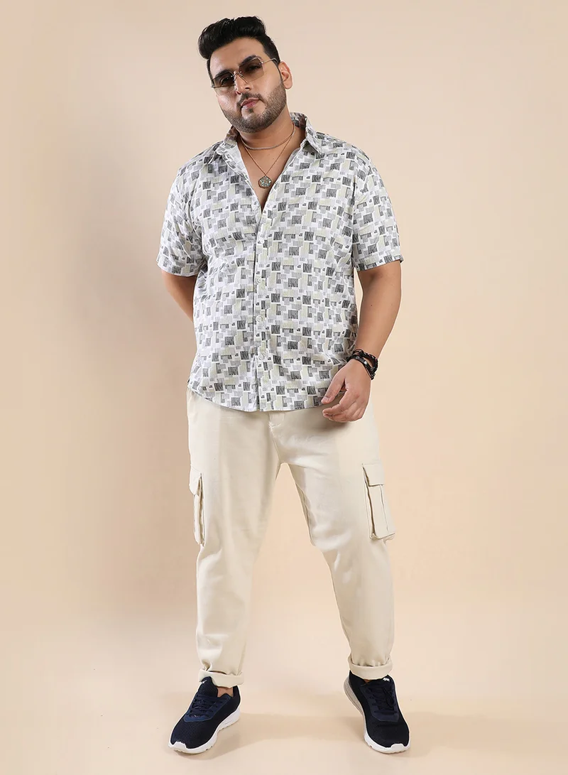 Instafab Plus Instafab Plus Men's Beige & Grey Abstract Geometric Shirt For Casual Wear | Spread Collar | Short Sleeve | Button Closure | Cotton Shirt Crafted With Comfort Fit For Everyday Wear