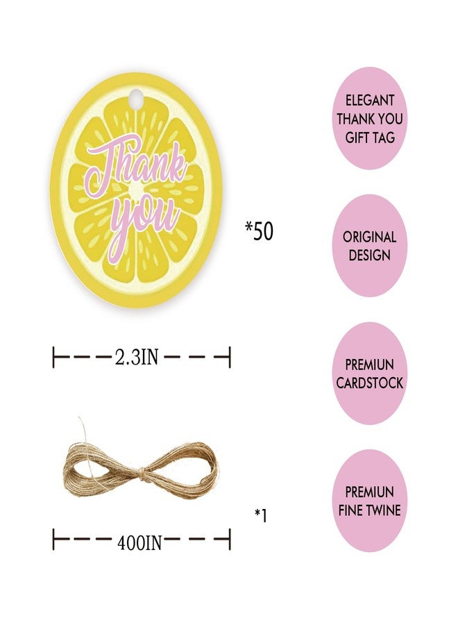 FORSHEEP 50pcs Lemon Round Thank You Tags, Lemon Citrus Gift Tag with String for Birthday Party, Main Squeeze Thank You Paper Tags for Bridal Shower Party Favors - Image 2