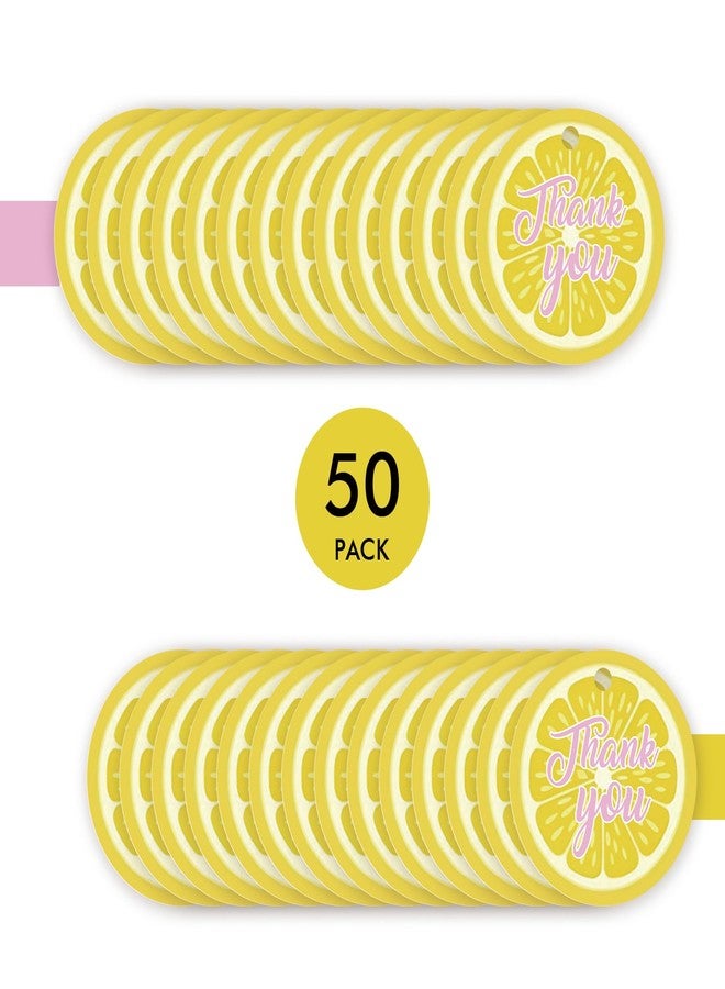 FORSHEEP 50pcs Lemon Round Thank You Tags, Lemon Citrus Gift Tag with String for Birthday Party, Main Squeeze Thank You Paper Tags for Bridal Shower Party Favors - Image 3
