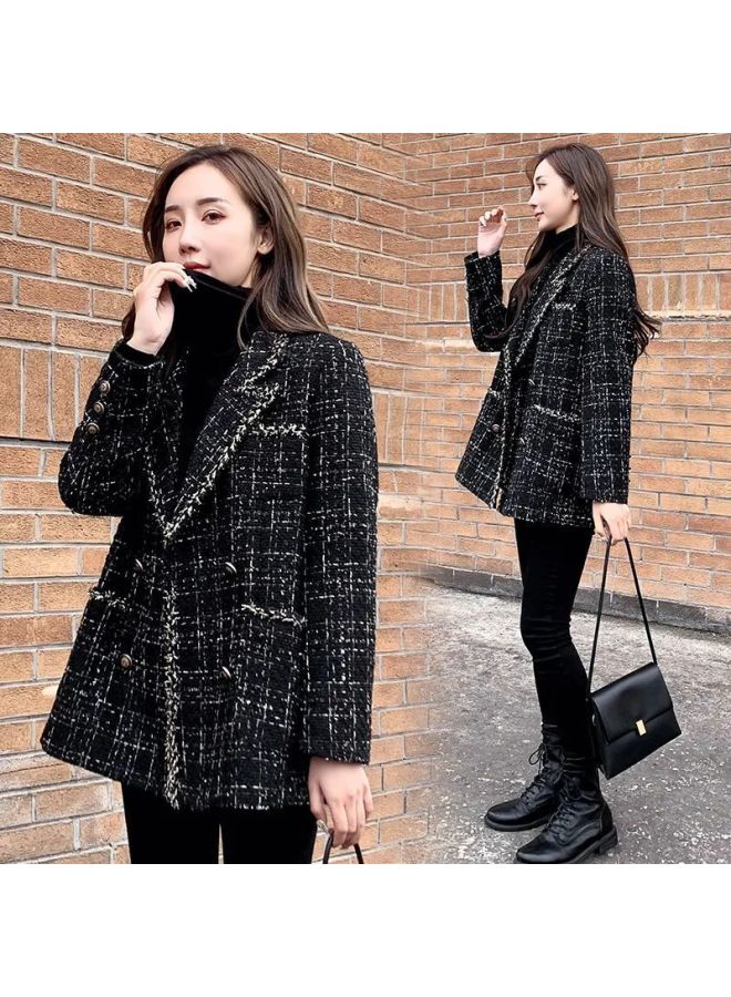 Spring Women's Loose Plaid Woolen Coat Chanel Style Tweed Socialite Patchwork Blazer