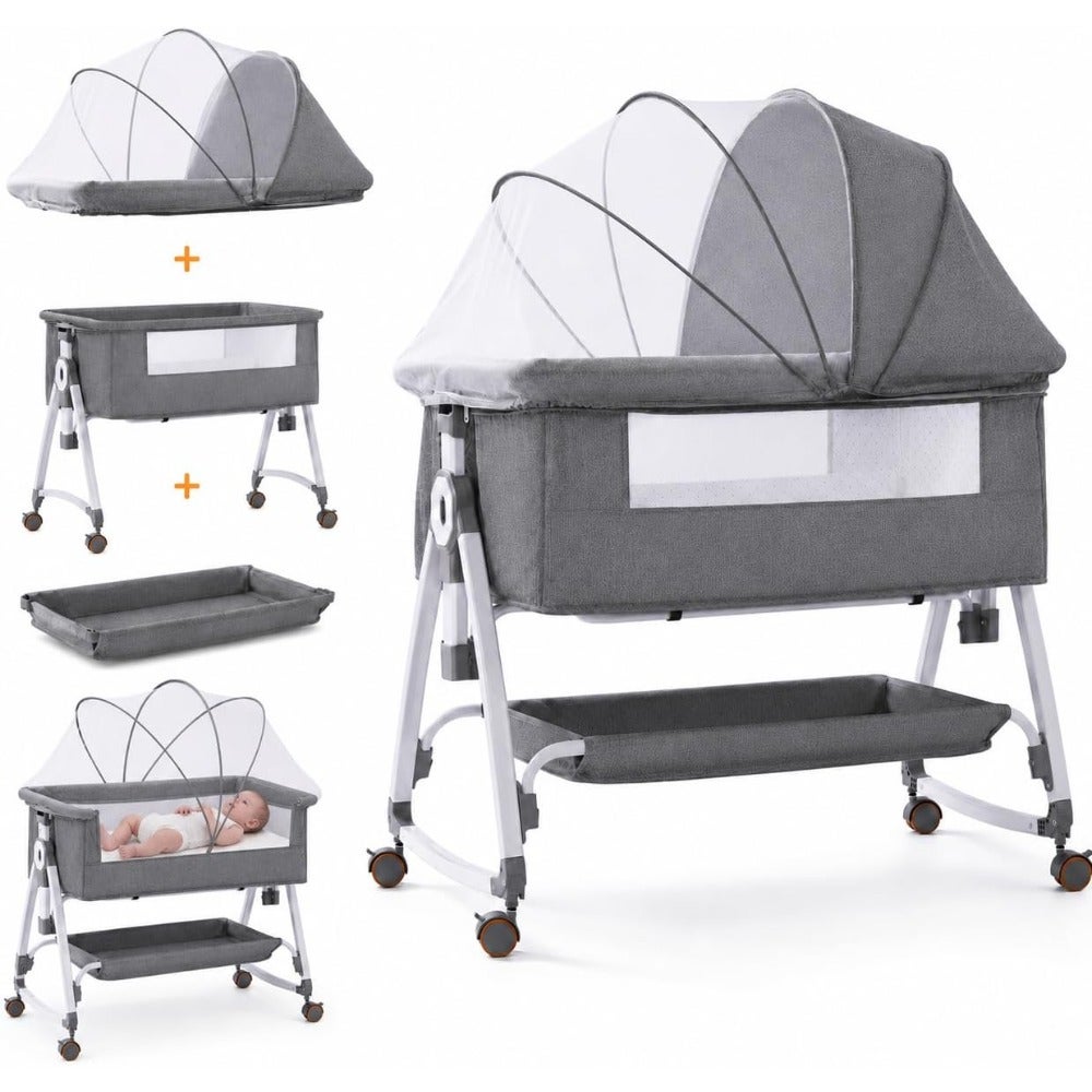 Baby Bedside Crib Adjustable, Baby Cradle with Large Storage Basket, Travel Crib with Mattress Breathable Net, Mosquito Detachable, Soft s 360°Swivel Wheels, for Infants Newborn, Grey