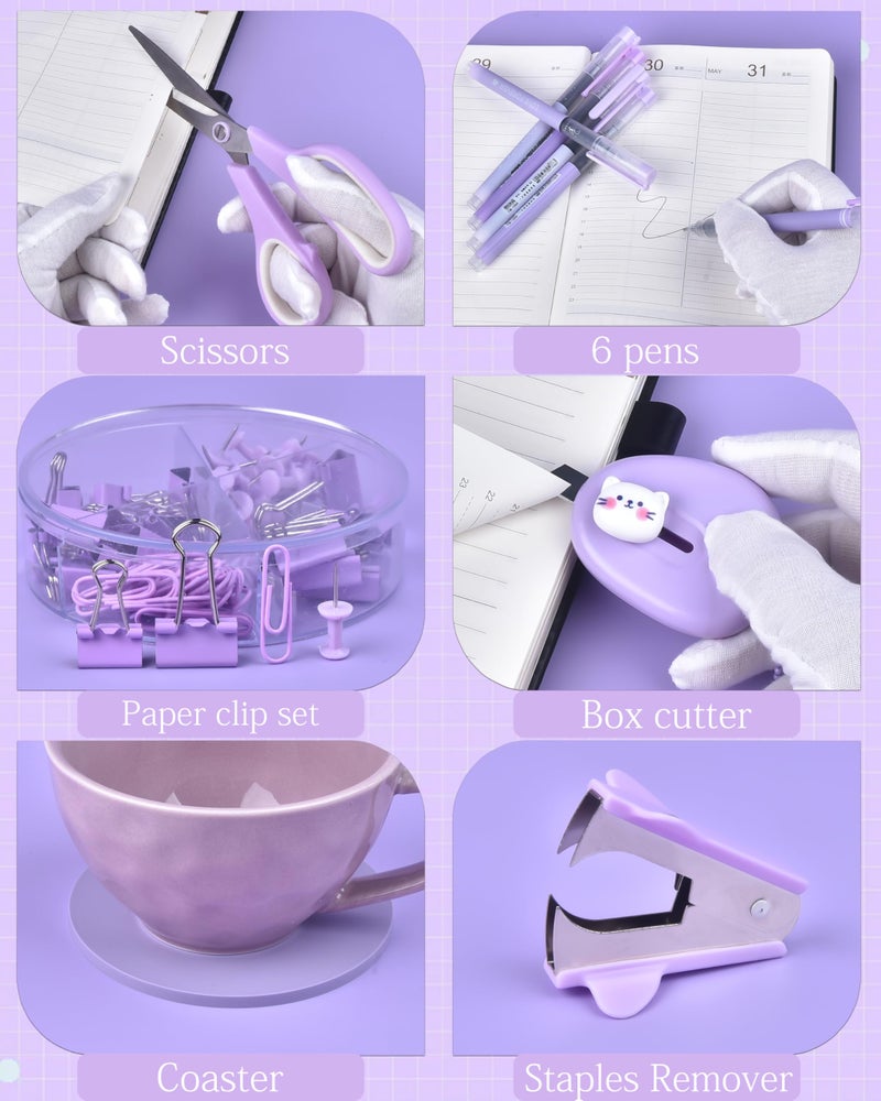 Vamrak 23pc Purple Desk Accessories and Organizers with Mesh Organizer Stapler Tape Dispenser Calculator and a Lot of Office Purple Office Supplies Beautifully Presented in a Gift Box - Image 4