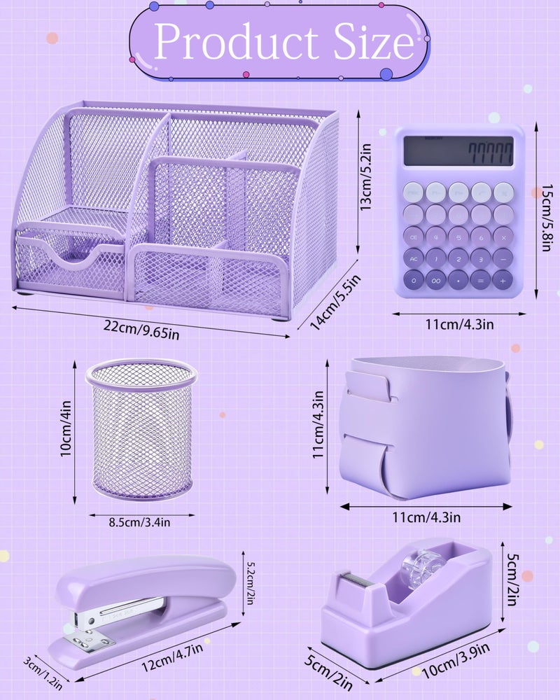Vamrak 23pc Purple Desk Accessories and Organizers with Mesh Organizer Stapler Tape Dispenser Calculator and a Lot of Office Purple Office Supplies Beautifully Presented in a Gift Box - Image 5